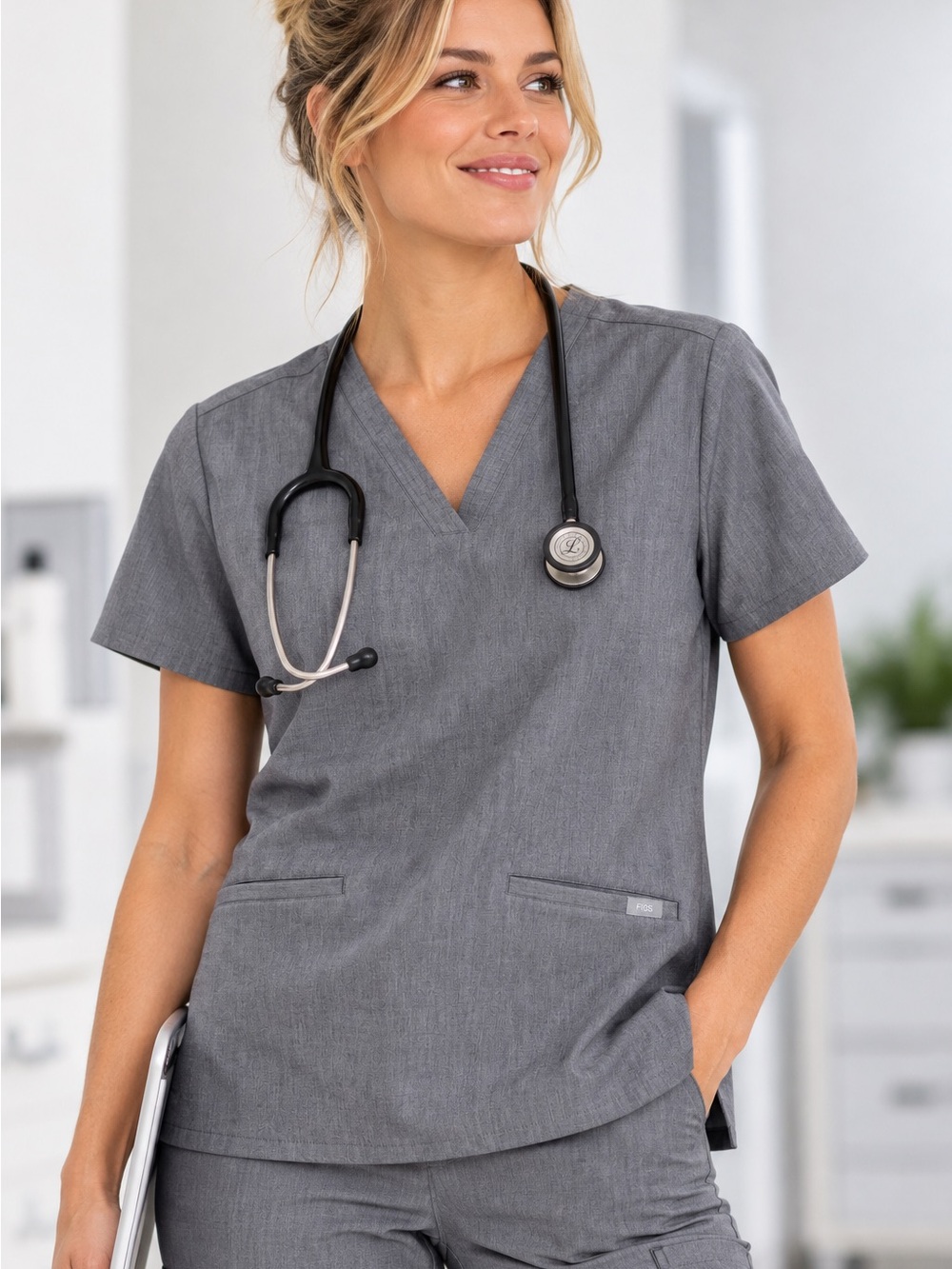 FIGS Women’s Technical Collection Gray V-Neck Scrub Top – Size Large